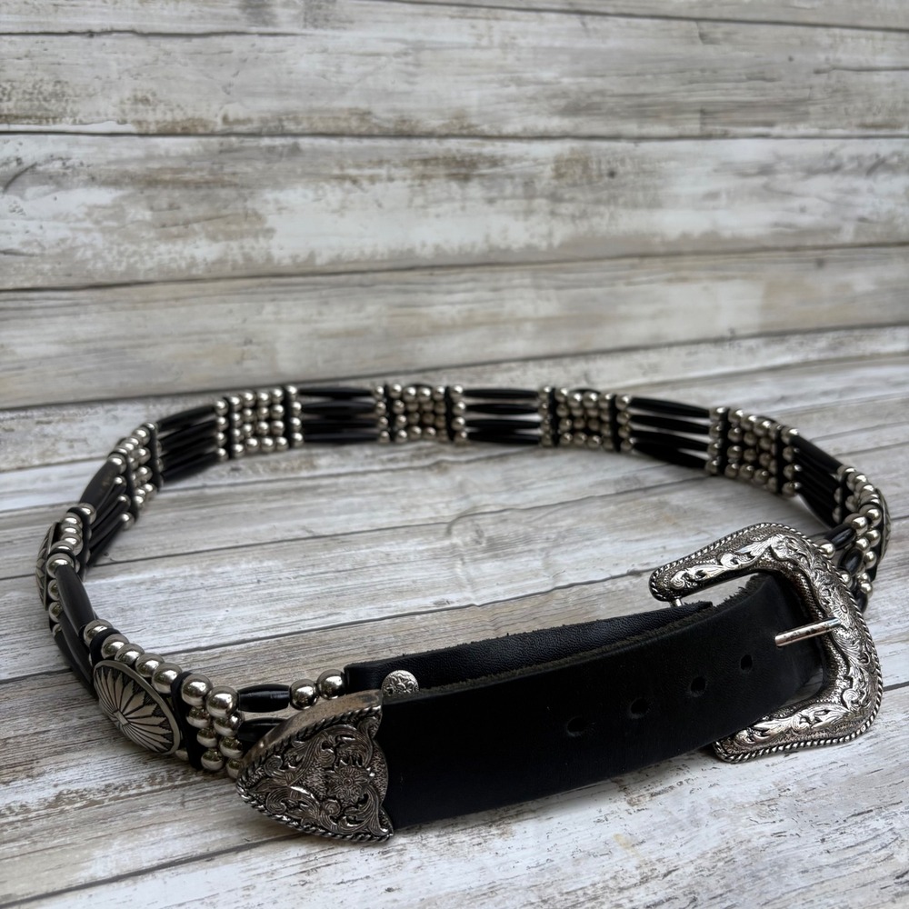 Cactus Mountain Western Belt 38 Handmade Black Silver 4 Strand Bone Beads Concho